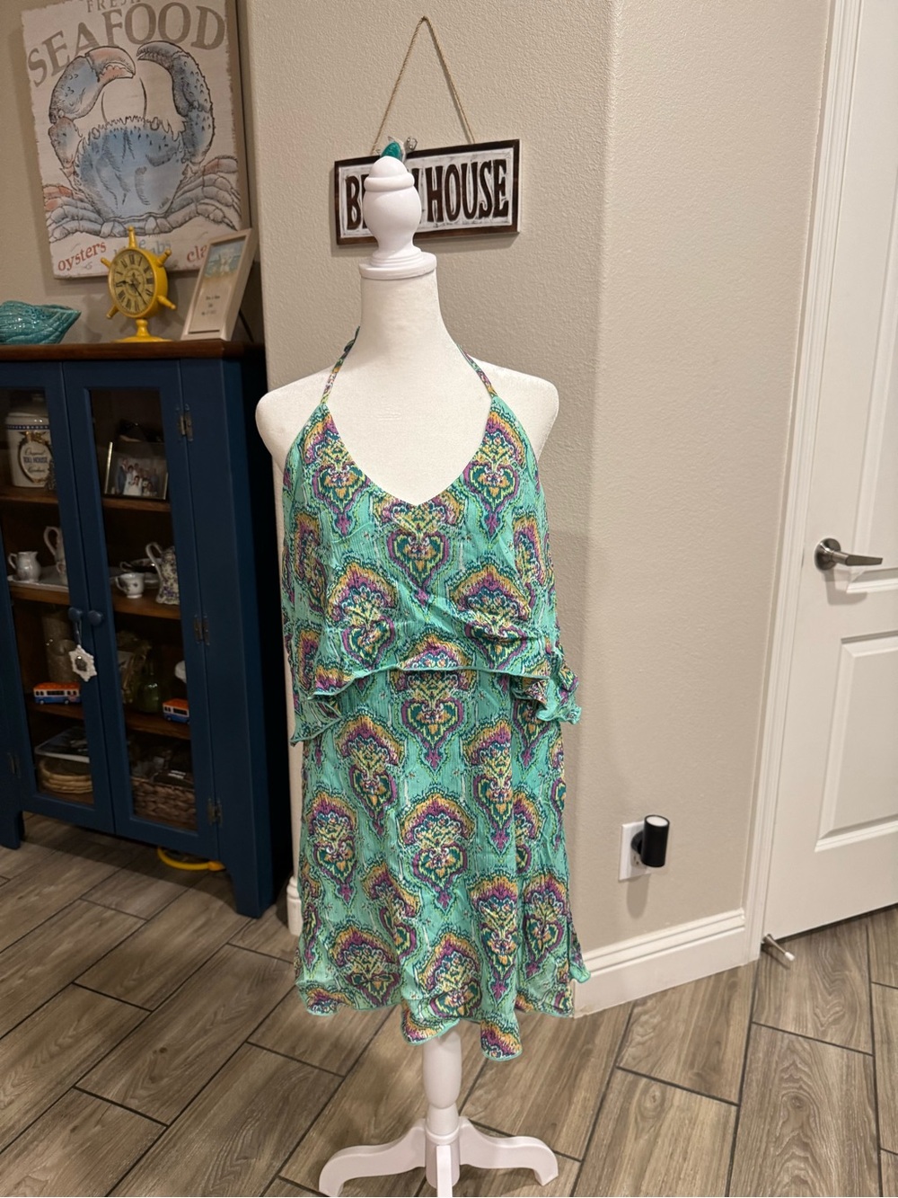 NWT! O'Neill Mint Green Paisley Ruffle Halter Mini Dress Sz. Large